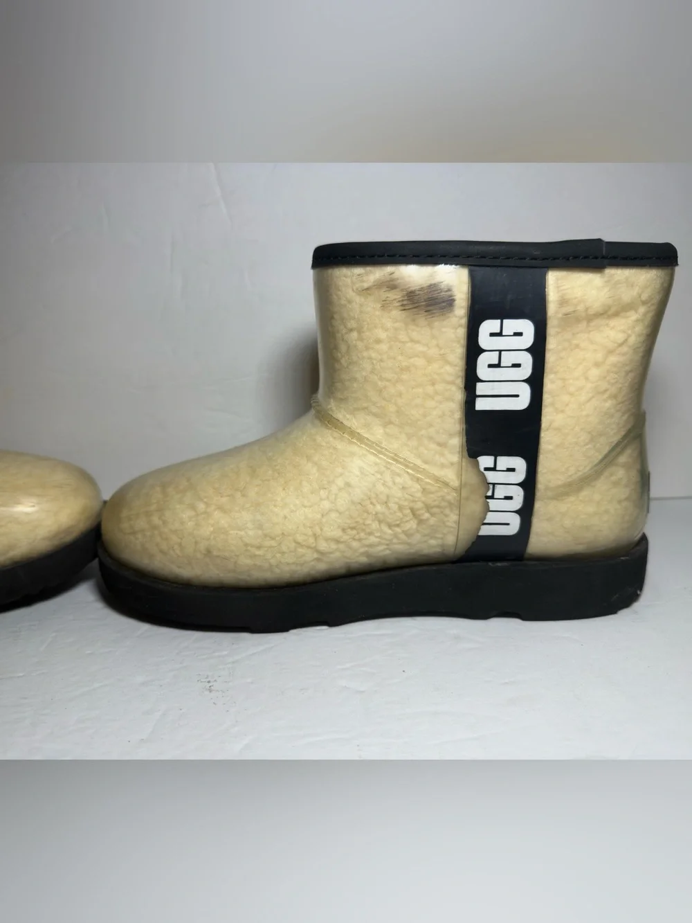 UGG Kids Girls Clear Mini II Natural Black Ankle Rain Booties Fleece Sz 3